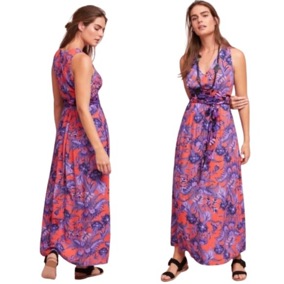 Maeve Anthropologie Macie Maxi Dress Floral Print Red Purple Pockets Sleeveless - Picture 1 of 14